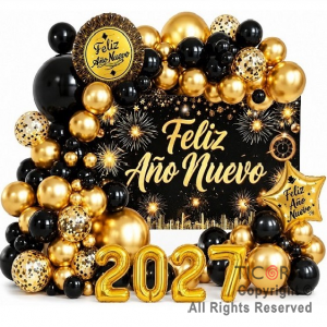 SET DE GLOBOS ARCO XL FELIZ A�O NUEVO ORO Y NEGRO (XY-10214) 100 UNIDADES